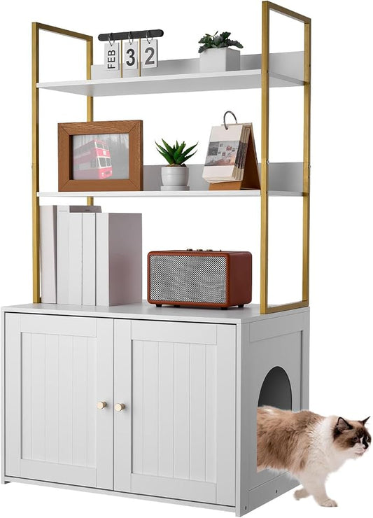 VEVOR Cat Litter Box Enclosure Furniture, 27.6 in Hidden Litter Box Cabinet with Metal Legs & 2-Tier Storage Shelves, Waterproof Washroom Cat House, Fit Most of Litterbox, for Living Room