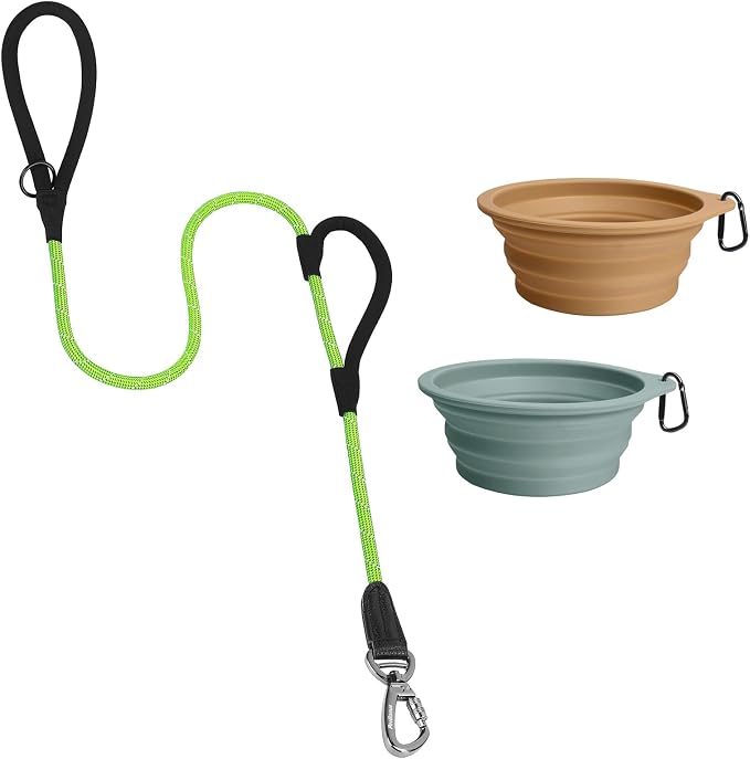 PetBonus Double Handle Rope Dog Leash and 2-Pack Large Silicone Collapsible Dog Bowls