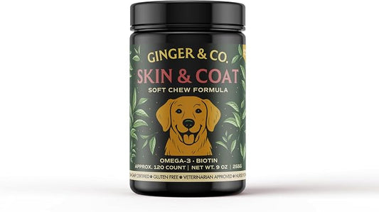 GINGER & CO. Skin & Coat Support Chews for Dogs – Omega 3 & Salmon Oil 120CT