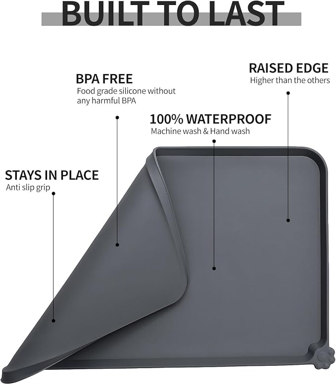 Reopet Silicone Pet Feeding Mat - Waterproof & Non-Slip Dog Cat Placemat | High Raised Edges Prevent Food & Water Spills to Protect Floors, Easy to Clean, Fit for Dog Cat Bowls
