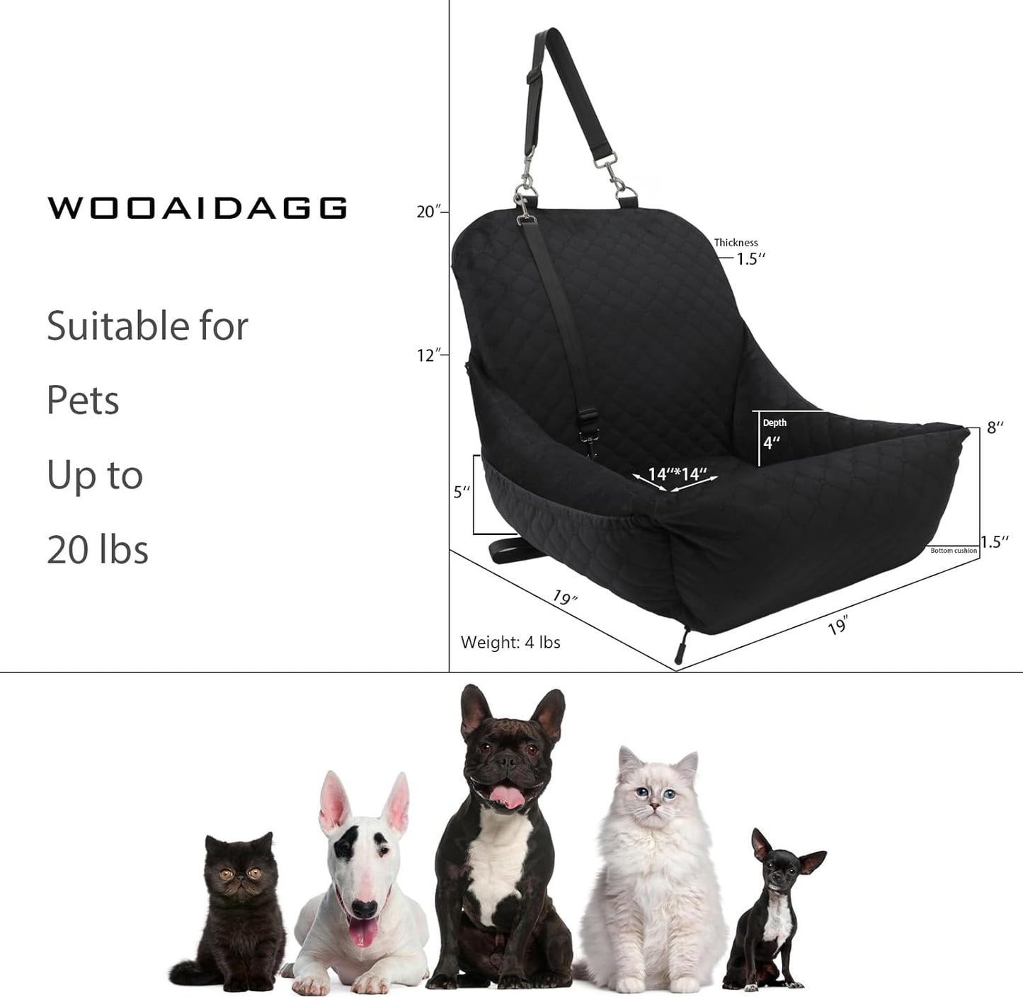 Dog Car Seat for Small Dogs Up to 25 lbs,Covered Ultra-Soft Fabric and Fill in Memory Foam,Fully Detachable and Washable,2 Clip-On Safety Leashes and Storage Pockets(Black)