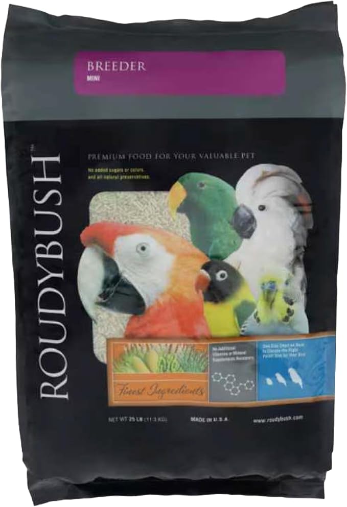 RoudyBush Breeder Food for Breeding & Weaning Birds, Pelleted Diet Made with Corn, Wheat & Soy, Daily Food for Small & Medium Parrots, Mini Pellet, 25 LB