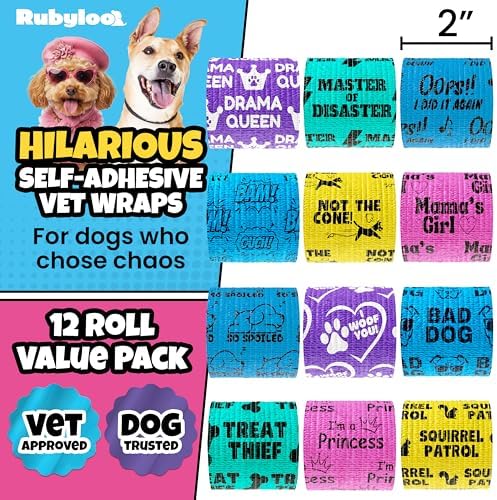 Rubyloo Vet Approved Essential Pet First Aid Kit Supplies to Treat Dogs & Cats in an Emergency with 12 Pack of 2 Funny Vet Wrap Bandages for Home, Camping, Car, RV