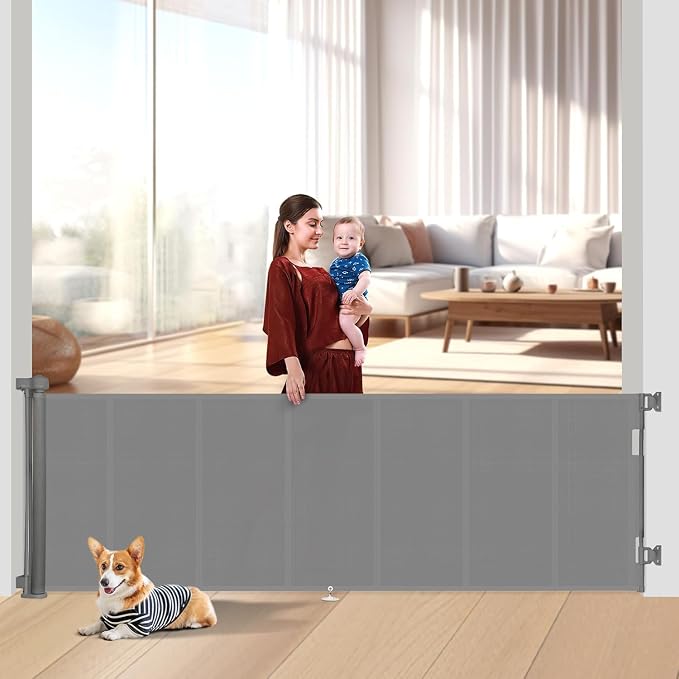 Miumoon 100 inch Retractable Baby Gates 34 inch Tall, Retractable Gate with Reinforced Strip Design to Prevent Crawling Through, 8 FT Extra Wide Retractable Dog Gate for Indoor/Outdoor
