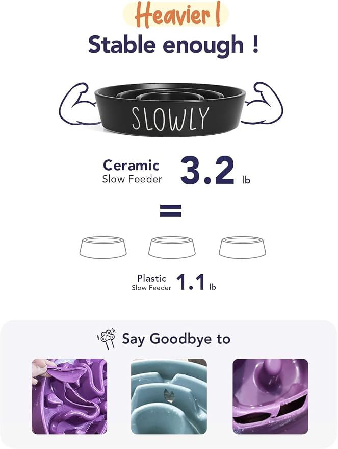 LE TAUCI PET Ceramic Slow Feeder Dog Bowls Small Breed, 0.6 Cups Dog Food Dish for Fast Eaters, Puzzle Bowl for Small Dogs and Cats,Black