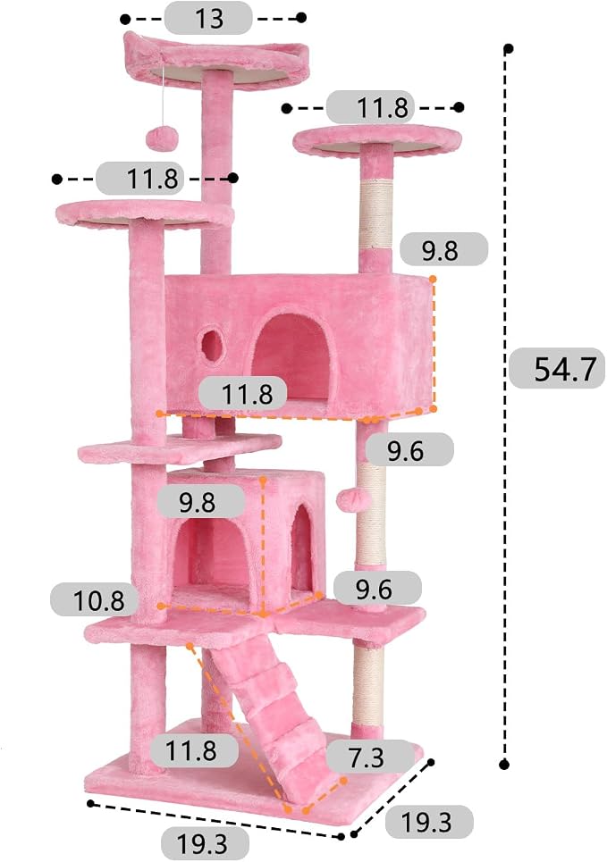BestOffice 54 Inch Cat Tree, Multi-Level Cat Tower with Condo, Perches, Sisal Scratching Posts, Climbing Ladder,Indoor Activity Center Play House for Kittens & Adult Cats, Pink