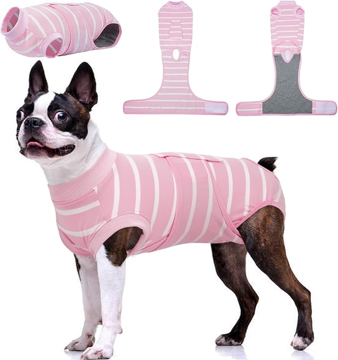Kuoser Dog Surgery Recovery Suit, Soft Breathable Dog Recovery Suit for Female Spay Male Nueuter, Anti Licking Puppy Onesie Pet Surgical Suit for Dogs Abdominal Wounds Skin Disease, Pink Strips L