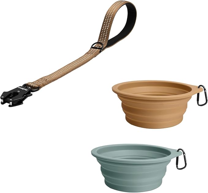 PetBonus Heavy Duty 24 Inch Short Dog Leash and 2-Pack Silicone Collapsible Dog Bowls