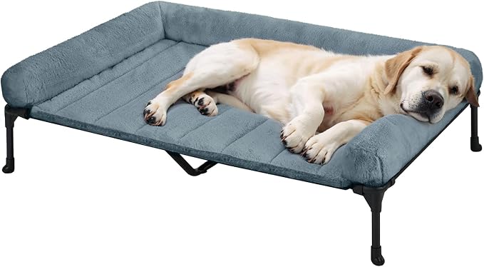 Veehoo Orthopedic Elevated Dog Bed with Fluffy Plush Bolster Cushion, Indoor Raised Dog Beds for Large Dogs, Soft Pet Sofa Cot with Removable Washable Mat, No-Slip Feet, 49 x 33 inches, Haze Blue