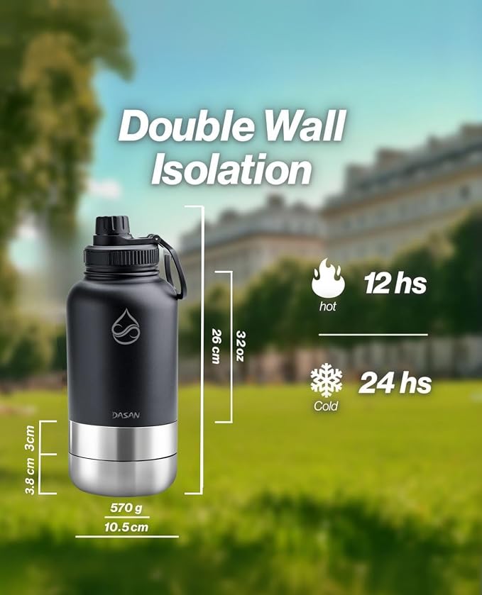 DASAN 32oz Gym Water Bottle with Phone Holder - Insulated Stainless Steel Magnetic Tripod, MagSafe Compatible, 2 Storage Bowls for Protein Powder, Vitamins & Dog Walks