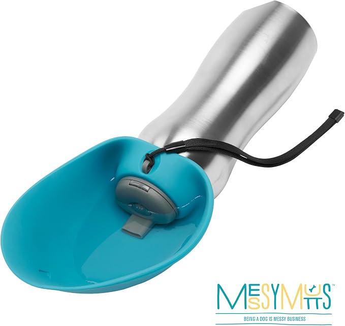 Messy Mutts Stainless Steel Travel Water Bottle with Silicone Flip Up Bowl | Pet Travel Necessity | Camping, Hiking, Walking Accessory | 24 oz / 700mL | Blue