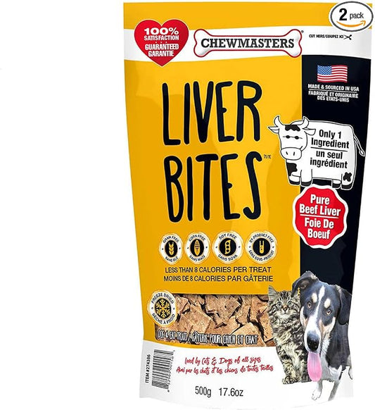 Chewmasters Beef Liver Bites Freeze Dried Dog Treats Bag, 17.6 oz (2 Packs)