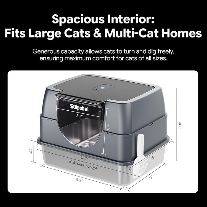Solpobei Stainless Steel Cat Litter Box with Lid, Covered Pan, Medium | Metal cat box, small enclosed pan, 18.7 in length, high sided, odor control