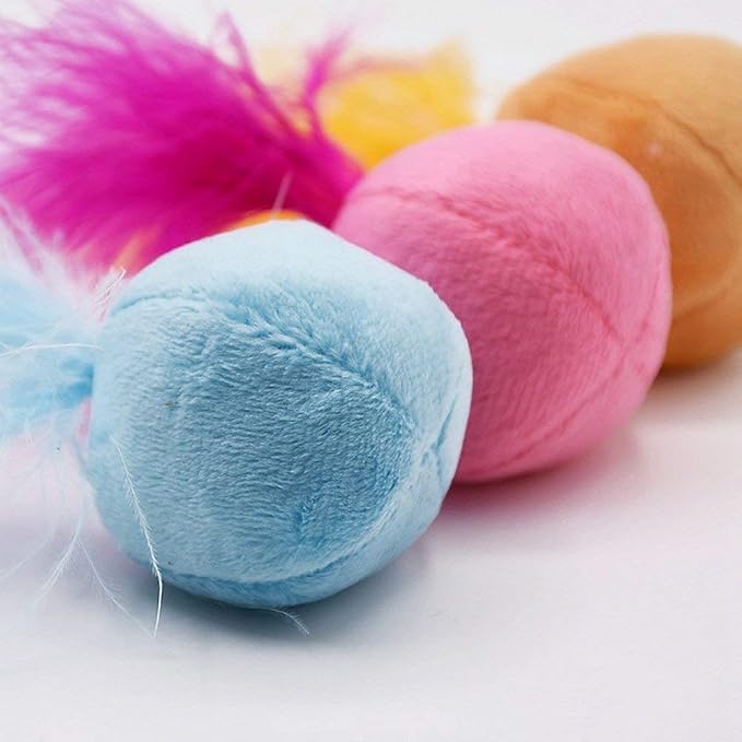 Furry Rattle Ball Cat Toy with Feather and Catnip - Interactive Pom Pom Balls for Cats, Soft and Lightweight, 2 Inch, 3 Pack.
