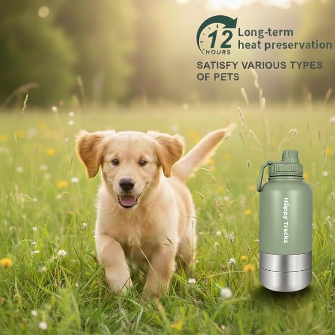 Happy Tracks 32oz Insulated Dog Travel Water Bottle & Feeder – 3-in-1 Stainless Steel Pet Kit with Detachable Food & Water Bowls – Leak-Proof, Keeps Water Cold Up to 12 Hours – SG
