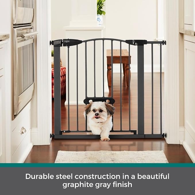 MYPET EasyPass Deco Wide Pet Gate: 29.75" - 40.5" Wide Dog Gate with Adjustable Pass-Thru Pet Door; Pressure Mounted, No Tools Needed, 31" Tall, Graphite Gray