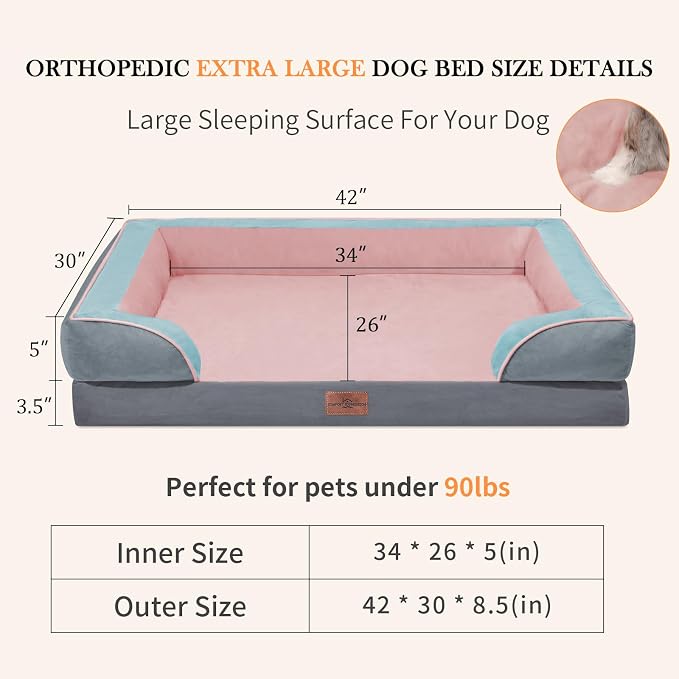 Comfort Expression Orthopedic Dog Bed for Extra Large Dogs 42x30 Inch, Waterproof Egg Crate Foam XL Pet Bed with Removable Bolsters, Dog Couch with Washable Cover & Non-Slip Bottom, Cherry Blossom