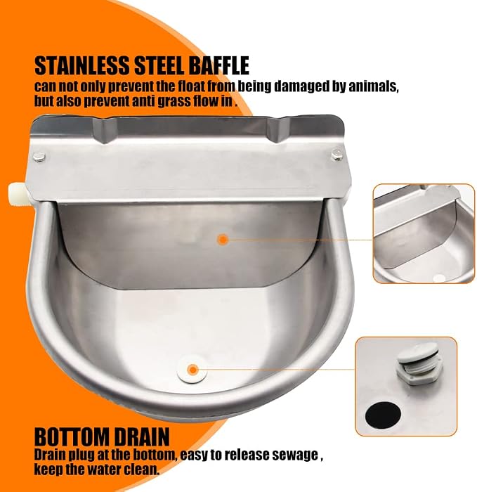 Automatic Livestock Water Bowl Float Valve Self-Filling Dog Goat Chicken | 304 Stainless Steel Animal Waterer Auto Refill, Horse Pig Cow Sheep Cat, Drainage, 3/4" GHT Hose & Mounting Bolts, Farm Ranch