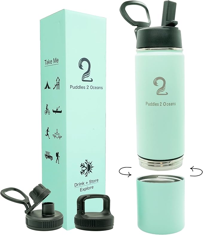 Insulated Water Bottle & Snack Container - Stainless Steel Water Bottle with Storage Compartment, 3 Lid Types BPA Free, Leak & Spill Proof Travel Bottle for Kids & Adults - Snack and Drink Cup