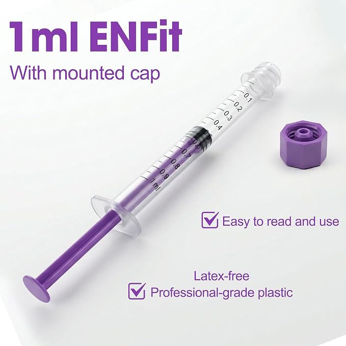 1ml/cc Syringes with Cap - Plastic Purple Syringe for Liquid, Feeding, Individually Wrapped, Pack of 20