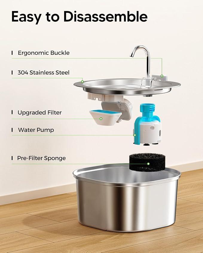 PEKTACO Cat Water Fountain, 3.2L/108oz Stainless Steel Pet Water Fountain for Cats Indoor, Dog Drinking Dispenser Metal Kitty Spout with 6 Filters+ 6 Sponges