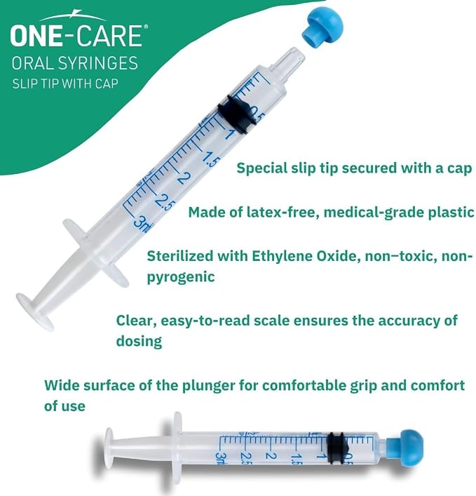 ONE-CARE 3ml Oral Syringe with Cap - Sterile, Individually Wrapped - 100 Syringes, Slip Tip, Uses include oral administration of medicine for infants, adults and animals