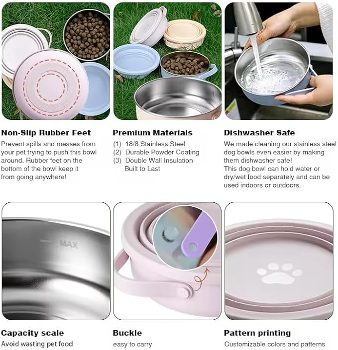 Black Collapsible Travel Dog & Cat Bowl – BPA-Free Silicone & 18/8 Stainless Steel, Portable Non-Slip Food & Water Bowl with Handle, Bottle/Poop Bag Holder – Claim Your