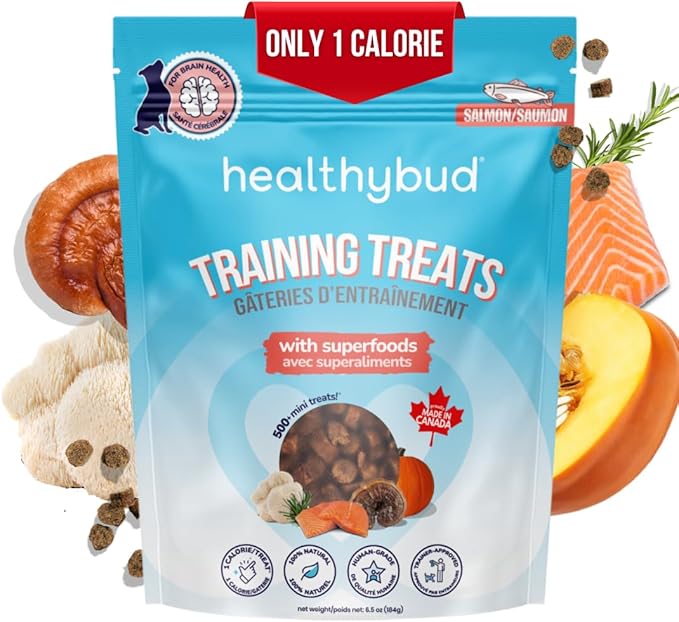 Healthybud Mini Salmon Dog Training Treats – Soft Low Calorie Bites (1 kcal Each) – 500+ Tiny Rewards for Puppies & Small Dogs – Salmon Oil, Lion’s Mane & Reishi – Grain Free – Made in Canada – 6.5 oz