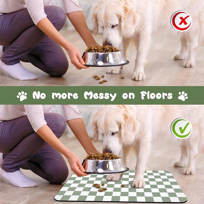 Dog Food Mats for Floors Waterproof, Pet Water Bowl Mats Pet Feeding Absorbent Placemats Plaid 12 * 20 inch