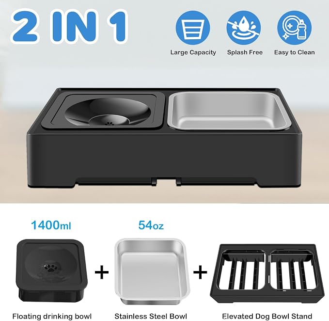 2-in-1 Elevated Dog Bowls, Raised Pet Bowl with Stainless Steel Food Bowl and Spill Proof Water Bowl, 4 Adjustable Heights, Non-Slip Stand, for Small, Medium, Large Dogs and Pets