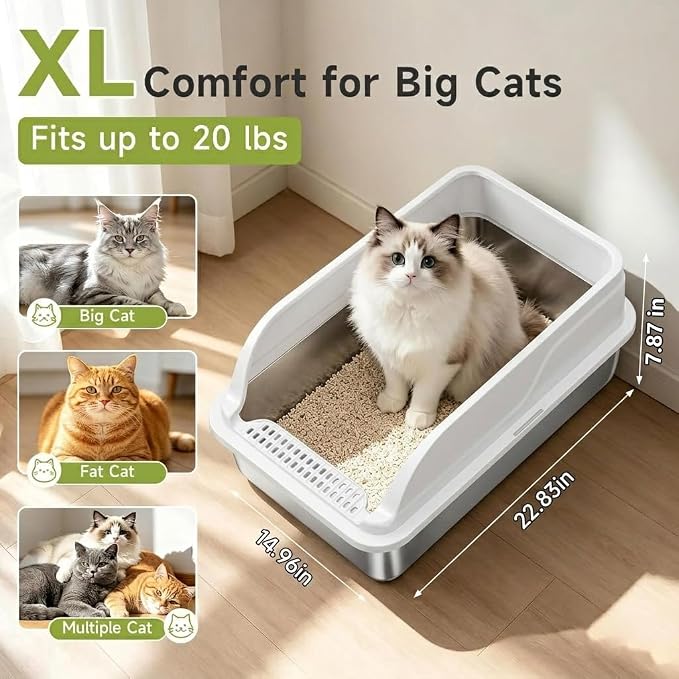 Stainless Steel Litter Box Metal High Sided Extra Large Cat Litterbox, Anti-Urine Leakage, No Odors, Easy Cleaning, Non-Stick, Include Scoop