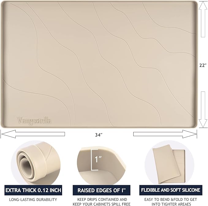 Heavy Duty Silicone Under Sink Mats for Kitchen Waterproof 25" x 22", Extra Thick Under Sink Rubber Mat Drip Tray, Raised Edge Under Sink Liner,Prevent Drips, Leaks, Spills,Taupe