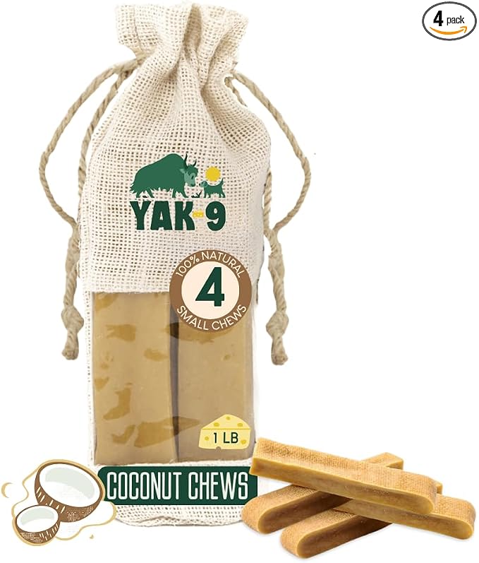 Yak9 Yak Cheese Himalayan Dog Chews Large - High Protein, Non Rawhide Dog Chews Long Lasting - Non GMO, Gluten Free, Grain Free Yak Milk Dog Chew, Large 4oz Size, Coconut, 4 PC
