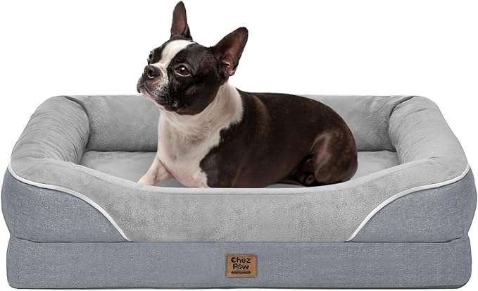 Chez Paw Orthopedic Dog Bed for Medium & Large Dogs, Waterproof Egg-Crate Foam Dog Bed with Removable Washable Cover, 4-Sided Bolster Support & Non-Slip Bottom, Silver 36"x27"x7"