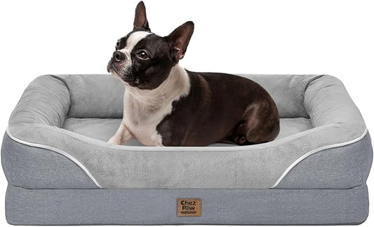 Chez Paw Orthopedic Dog Bed for Medium & Large Dogs, Waterproof Egg-Crate Foam Dog Bed with Removable Washable Cover, 4-Sided Bolster Support & Non-Slip Bottom, Silver 36"x27"x7"