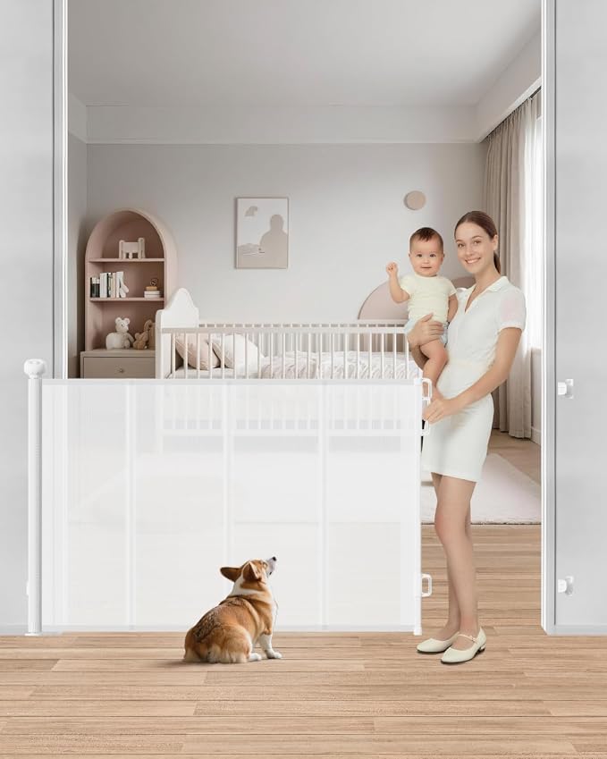 Retractable Baby Gate, 55" Wide Reinforced Mesh Baby Gate with 4 Fiberglass Support Rods for a Tighter Fit, 34" Tall Retractable Dog Gate for Stairways, Hallways and Doorways, White