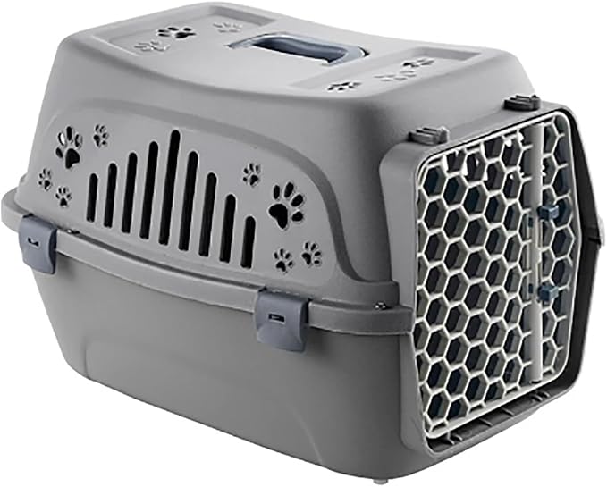 Plastic Cat Cage, Puppy Car Carrier with Door Locks and Handle, Portable Cat Travel Crate for Vet Visits Long Distance Trips(Gray)