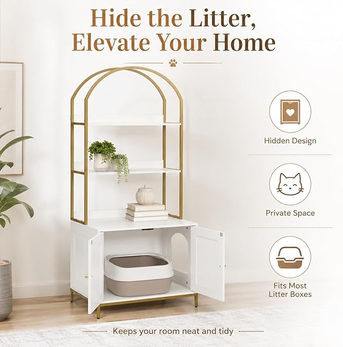 Homhedy Cat Litter Box Enclosure, Litter Box Furniture Hidden with 2-Tier Storage Shelves, Wooden Cat Washroom Furniture with Metal Frame, Modern Style, White and Gold