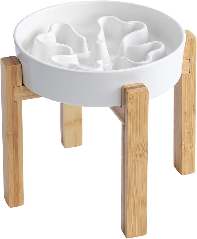 Slow Feeder,Ceramic-Slow Feeder Dog Bowls Elevated for Medium Breed,2.5 Cups Slow Feed Dog Bowl with Stand,Matte White