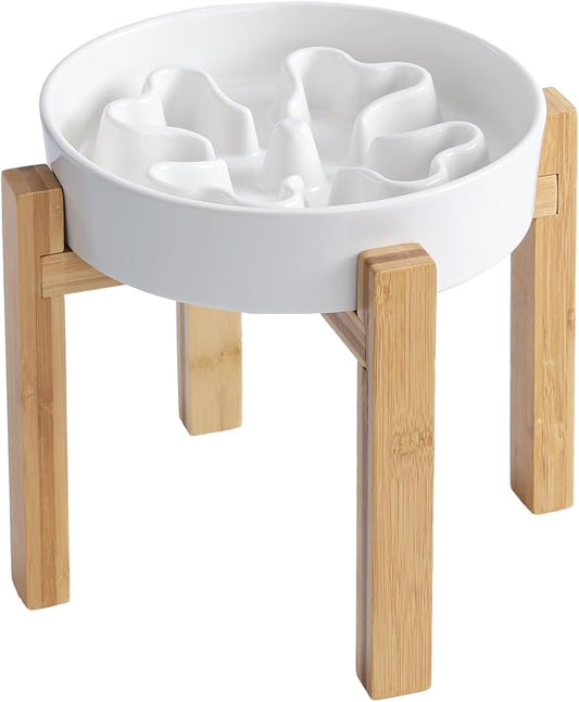 Slow Feeder,Ceramic-Slow Feeder Dog Bowls Elevated for Medium Breed,2.5 Cups Slow Feed Dog Bowl with Stand,Matte White