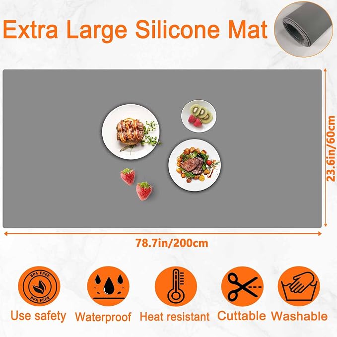 78.7''x23.6''(200cmx60cm) Extra Large Silicone Mat for Kitchen Counter, Heat Resistant Non-Slip Kitchen Island Protector Mat, Silicone Placemat for Countertop Protector, Light Gray
