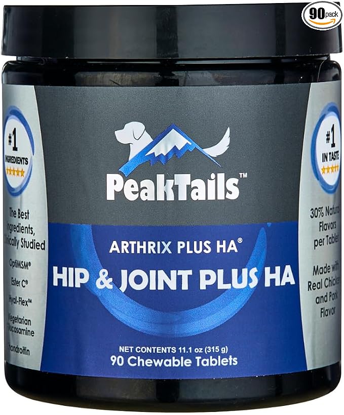 KALA HEALTH PeakTails Hip & Joint Plus HA for Dogs – 90 Tablets, Glucosamine, Chondroitin, OptiMSM, Vitamin C & Hyaluronic Acid – Supports Joint Mobility & Comfort