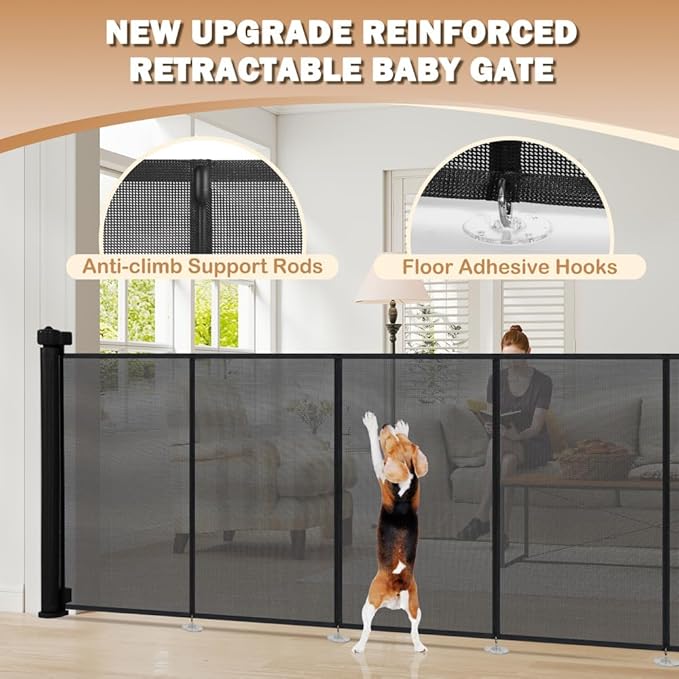 SMONTER Extra Wide Retractable Dog Gates, Mesh Baby Gate with Support Rods Extend to 118" Wide 33" Tall, Portable Safety Retractable Gate for Stairs, Indoor/Outdoor, Black