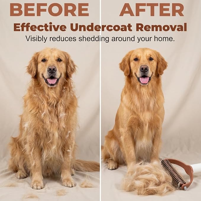 Pet Pro Grooming Tool for Dogs & Cats, Deshedding Dog Brush, Pet Grooming Brush with Undercoat Rake, Dematting Comb for Long Hair, Pet Grooming Tool for Thick Coats & Loose Fur (Brown)