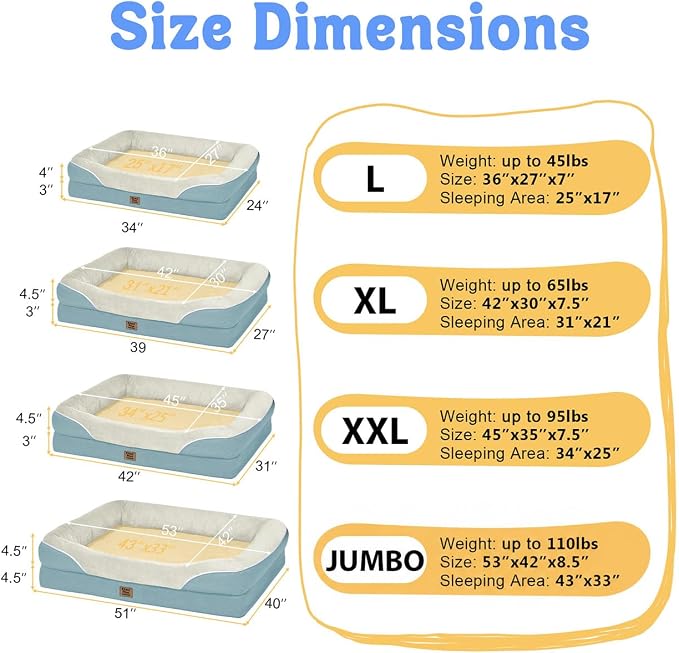 Chez Paw XXL Orthopedic Dog Bed for Extra Large Dogs, Extra Thick Egg-Crate Foam Waterproof Pet Couch with Removable Washable Cover, 4-Sided Bolster & Non-Slip Bottom, Blue 45"x35"x7.5"