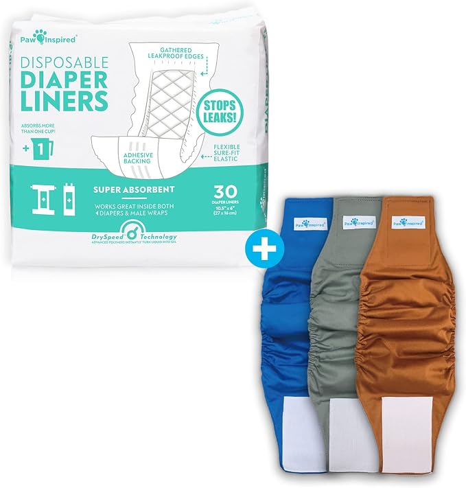 Paw Inspired Reusable, Washable Belly Bands for Male Dogs (X-Small, 3 Count) with Disposable Diaper Liner Inserts (30 Count)
