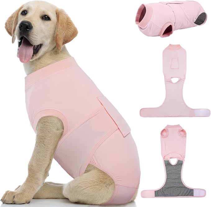Kuoser Dog Recovery Suit for Dogs After Surgery, Soft Dog Surgical Onesie for Female Male Dogs Spay Neuter, Anti-Licking Pet Bodysuit for Abdominal Wounds, Skin Disease, E-Collar Alternative, Pink L