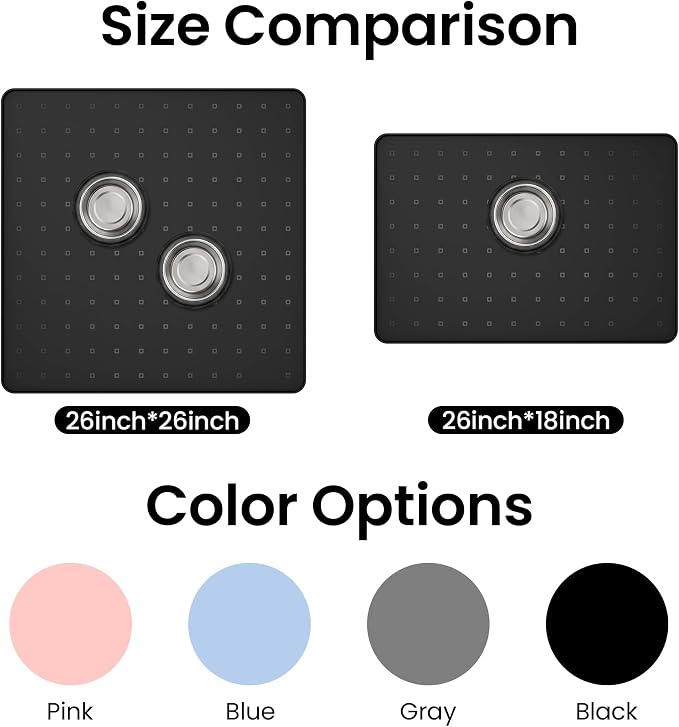 Silicone Pet Feeding Mat, 26x26 Inch Waterproof Dog Bowl Mat – Non-Slip, Machine Washable, Thin 0.28 Inch Edge for Messy Eaters, Protects Hardwood & Tile Floors, Black