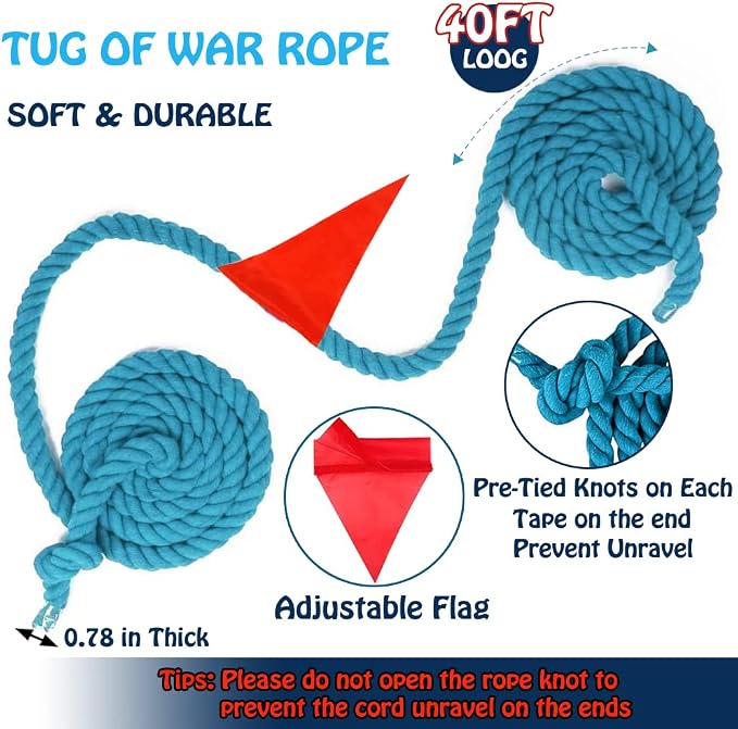 40 Feet Tug of War Rope for Kids and Adults, Outdoor Games Summer Outdoors Yard Backyard Camping Lawn for Field Day Family Reunion Birthday Party Team Building Activities Carnival