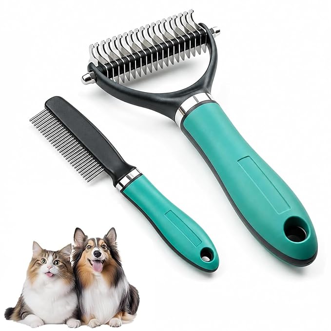 Pet Grooming Brush Tool, Double Sided Dematting Comb for Cats & Dogs, Undercoat Rake Dog Deshedding Brush, Pet Dematting Comb for Long Thick Haired Pets, Removes Tangles Knots and Loose (Green)